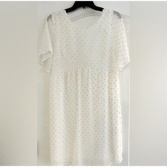 White Eyelet Gold Dot Summer Mini Dress Small Boho Sundress Babydoll Dress - Picture 2 of 6